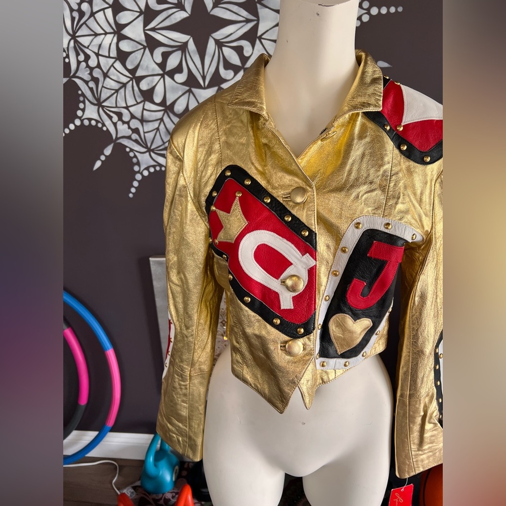 1980s buttery soft gold crop leather jacket. Casino themed—collectors item—